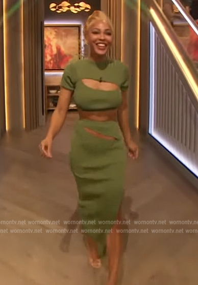 Meagan Good's green cutout top and skirt on The Drew Barrymore Show