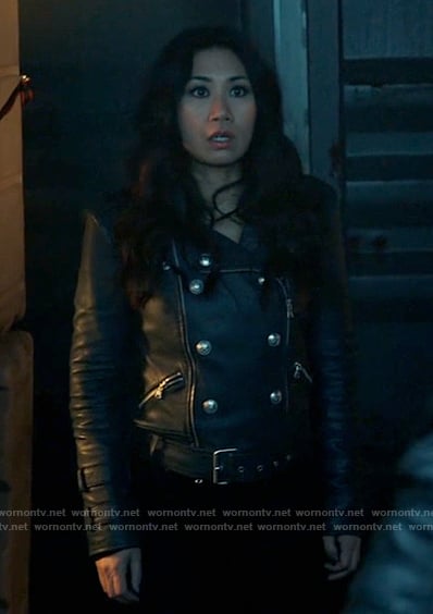 Mel's leather double breasted jacket with silver buttons on The Equalizer