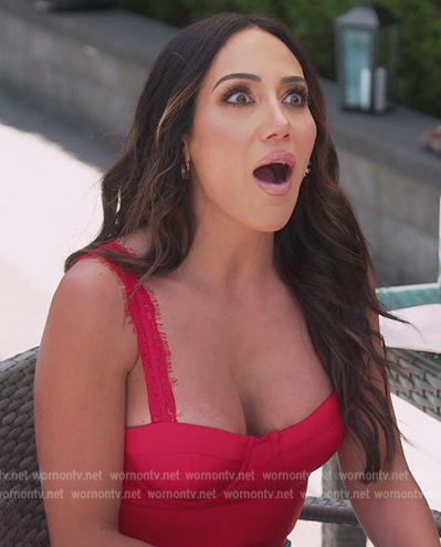 Melissa’s red bustier top with lace straps on The Real Housewives of New Jersey