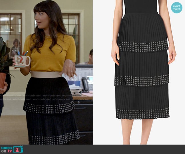 Michael Kors Grommet Embroidered Pleated Silk Georgette Skirt worn by Sam (Hannah Simone) on Not Dead Yet