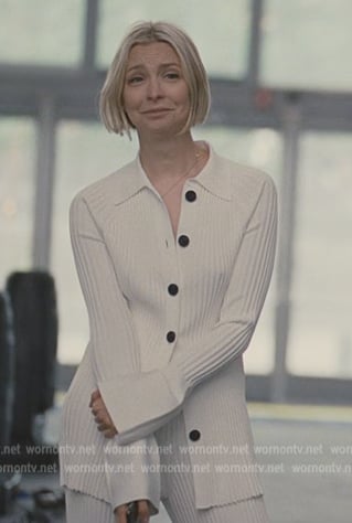 Naomi's white ribbed cardigan on Succession