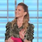 Natalie’s green satin ruched sleeve blouse on The Talk