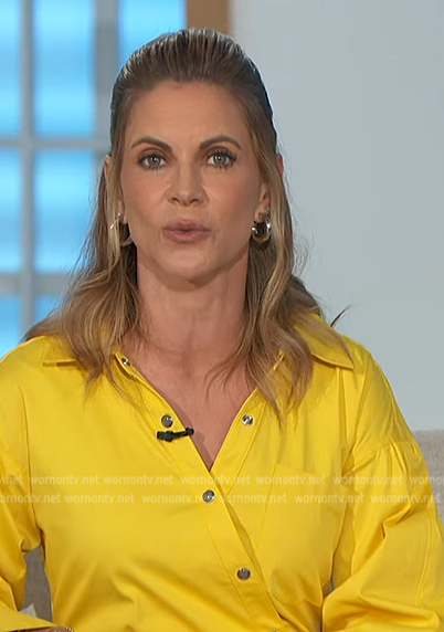 Natalie’s yellow asymmetric button shirtdress on The Talk