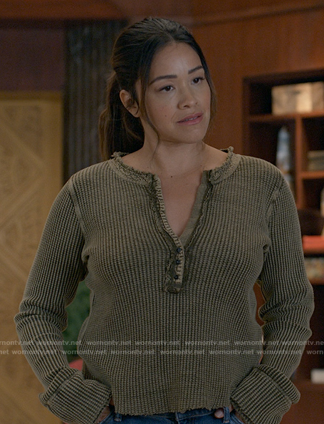 Nell’s olive green henley top on Not Dead Yet