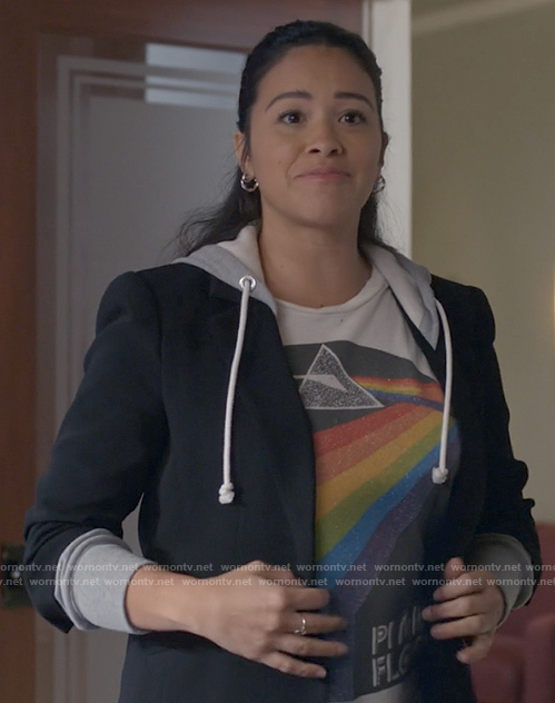 Nell's Pink Floyd graphic tee and black blazer with hoodie on Not Dead Yet