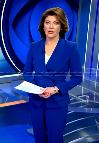 Norah's blue collarless blazer and pants on CBS Evening News