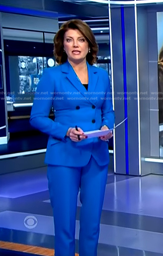 Norah’s three button blazer and pants on CBS Evening News