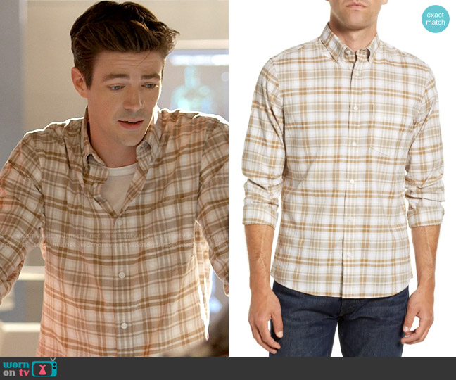 Nordstrom Trim Fit Plaid Stretch Cotton & Linen Button-Up Shirt in Tan Desert Plaid worn by Barry Allen (Grant Gustin) on The Flash