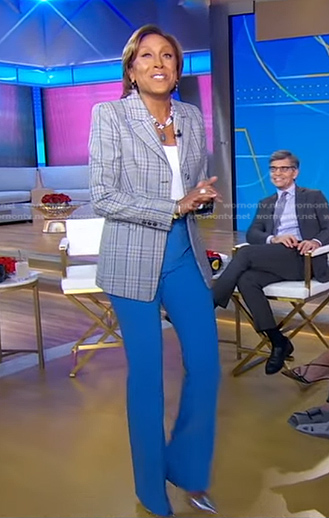 Robin’s grey plaid blazer and blue pants on Good Morning America