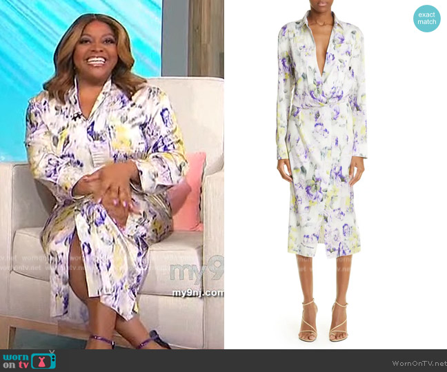 Off-White Twisted floral-print crepe de chine wrap-effect midi dress worn by Sherri Shepherd on Sherri