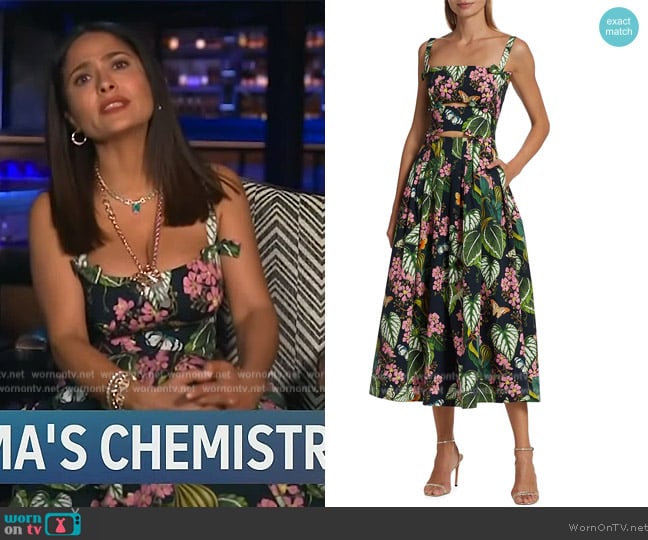 Oscar de la Renta Mixed Botanical-Print Cutout Pleated Midi Dress worn by Salma Heyek on Access Hollywood