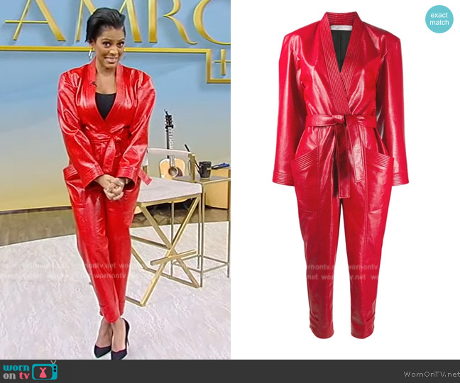Philosophy di Lorenzo Serafini Belted Faux Textured Leather Jumpsuit worn by Tamron Hall on Tamron Hall Show