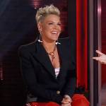 Pink’s single button blazer and track pants on The Kelly Clarkson Show