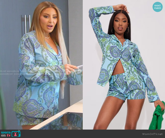 Pretty Little Thing Swirl Print High Oversized Shirt and Shorts worn by Larsa Pippen (Larsa Pippen) on The Real Housewives of Miami