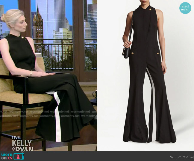 Proenza Schouler Suiting Side-Stripe Flared Tuxedo Jumpsuit worn by Elizabeth Debicki on Live with Kelly and Ryan