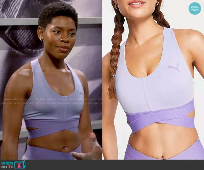 Puma Training Desert banded high support sports bra in lilac worn by Necie (Chelsea Harris) on The Neighborhood