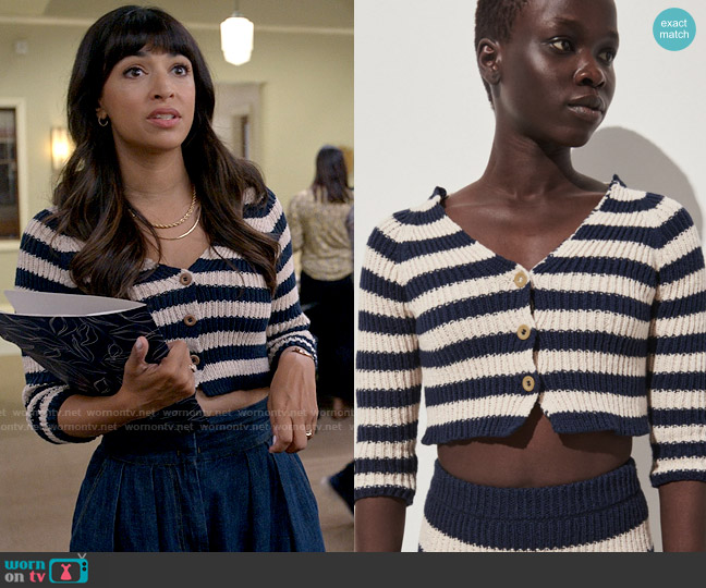 Rachel Comey Tavira Cardigan worn by Sam (Hannah Simone) on Not Dead Yet