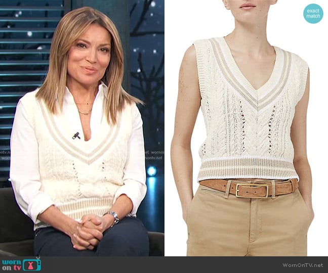 Rag & Bone Brandi Stripe Trim Cable Stitch Sweater Vest worn by Kit Hoover on Access Hollywood