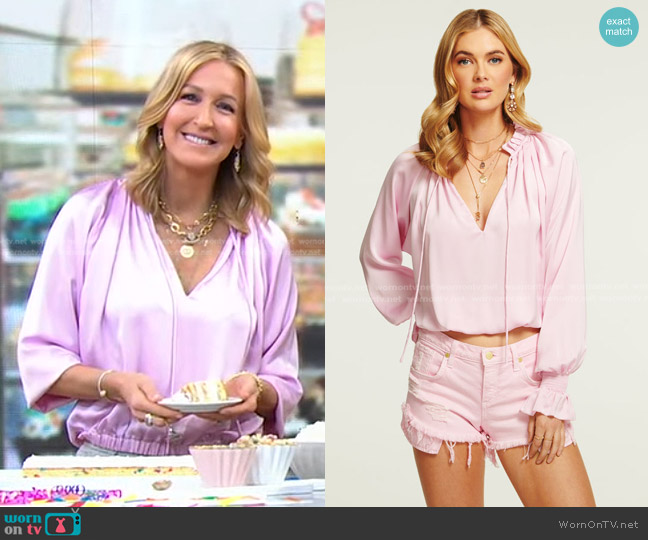 Ramy Brook Satin Bethany Top in Pink Opal worn by Lara Spencer on Good Morning America