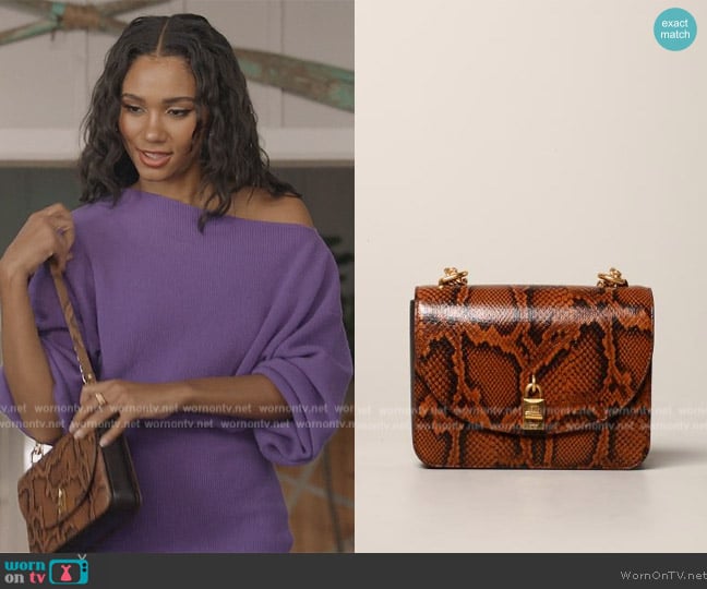 Rebecca Minkoff Love too bag in printed python leather worn by Layla Keating (Greta Onieogou) on All American