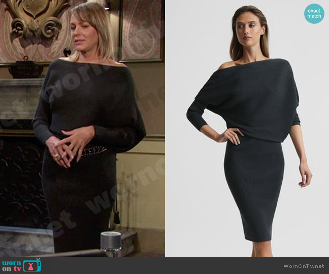 Reiss Lara Off-Shoulder Ribbed Dress in Teal worn by Nicole Walker (Arianne Zucker) on Days of our Lives