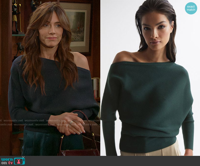 Reiss Lorna Sweater in Dark Teal worn by Taylor Hayes (Krista Allen) on The Bold and the Beautiful