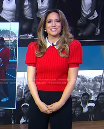 Rhiannon’s red cable knit puff sleeve sweater on Good Morning America