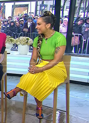 Robin Arzon’s green cropped tee and yellow pleated skirt on Today