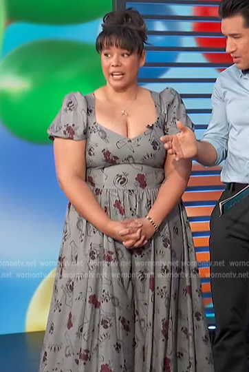 Ronni Johnson’s gray printed sweetheart maxi dress on Access Hollywood