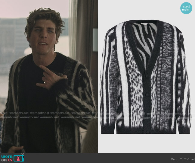 Saint Laurent Patchwork Jungle Knit Cardigan worn by Adam Pratt (Lukas Gage) on You