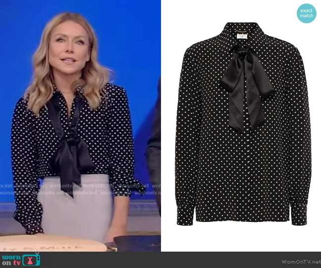 Saint Laurent Tie-Neck Polka-Dot Silk Blouse worn by Kelly Ripa on Live with Kelly and Mark