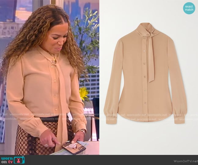 Saint Laurent Tie-detailed silk crepe de chine blouse worn by Sunny Hostin on The View