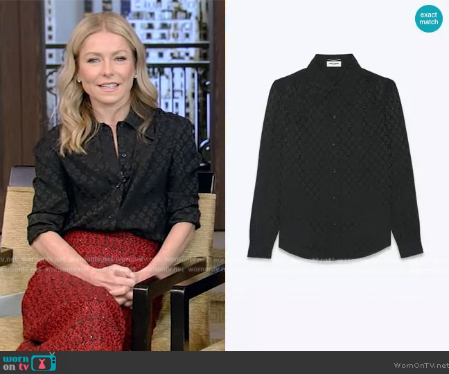 Saint Laurent Shirt in Matte and Shiny Silk worn by Kelly Ripa on Live with Kelly and Ryan