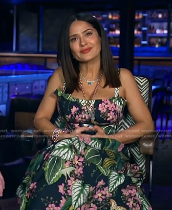 Salma Hayek’s green floral print dress on E! News