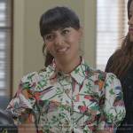 Sam’s bird print shirtdress on Not Dead Yet