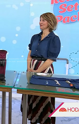 Samantha Brown’s puff sleeve denim top and chevron skirt on Today