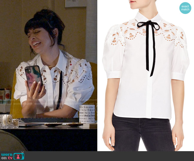 Sandro Cubisme Lace & Ribbon-Detail Cotton Top worn by Sam (Hannah Simone) on Not Dead Yet
