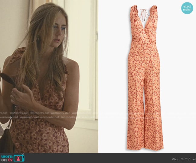 Sandro Ellande cutout printed twill jumpsuit worn by Willa Ferreyra (Justine Lupe) on Succession