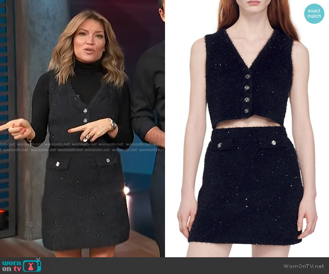 Sandro Michou Crop Sweater Vest and Skirt worn by Kit Hoover on Access Hollywood