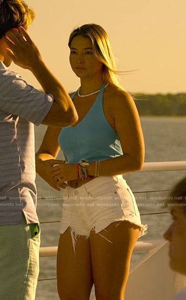 Sarah's blue knit halter top and white denim shorts on Outer Banks
