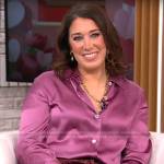 Sarah Gelman’s pink satin shirt and red velvet pants on CBS Mornings