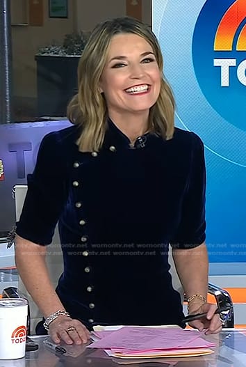 WornOnTV: Savannah’s navy buttoned velvet dress on Today | Savannah ...