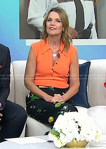 Savannah’s orange polo top and black floral pants on Today
