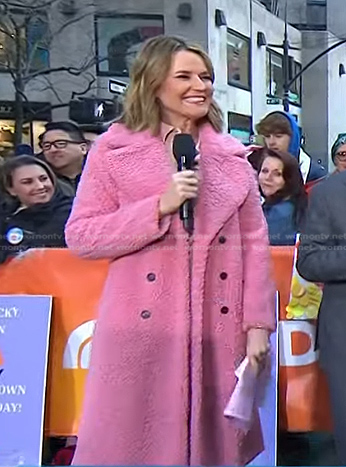 Savannah’s pink double breasted teddy coat on Today