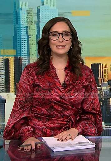 Savannah Sellers's red printed satin wrap dress on NBC News Daily