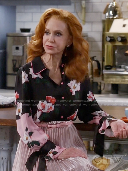 Sheila's black and pink floral blouse on Call Me Kat
