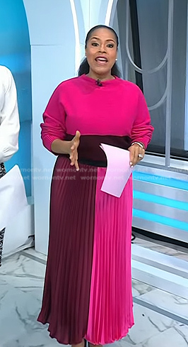 Sheinelle's pink colorblock sweater and pleated skirt on Today