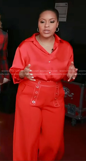 Sheinelle’s red satin shirt and wide-leg pants on Today