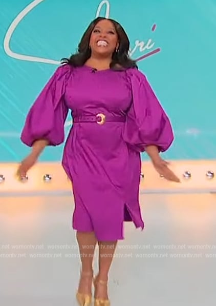 Sherri’s purple puff sleeve dress on Sherri