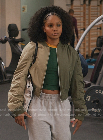 Simone's green two-tone bomber jacket on All American Homecoming